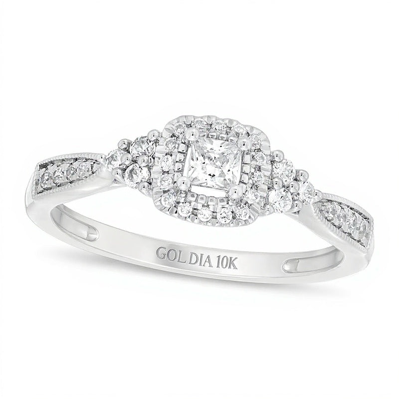 0.33 CT. TW Princess-Cut Diamond Frame Tri-Sides Vintage-Style Engagement Ring in 10K White Gold
