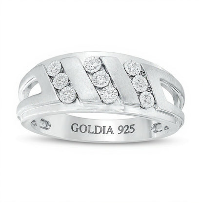 0.1 CT. TW Diamond Triple Row Slant Multi-Finish Ring in Sterling Silver