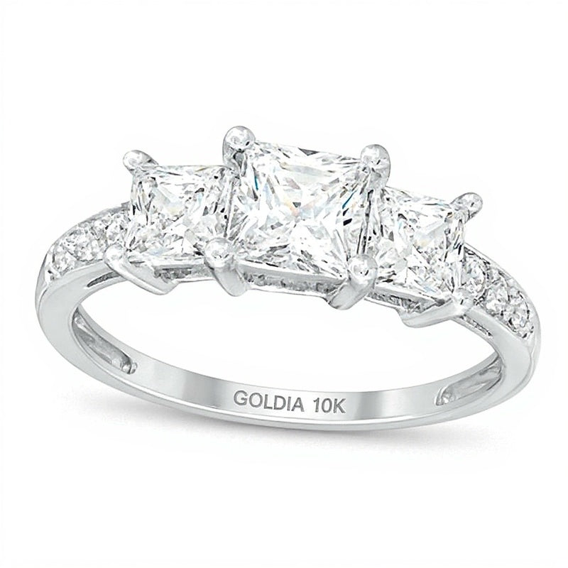 Princess-Cut White Lab-Created Sapphire Three Stone Ring in 10K White Gold