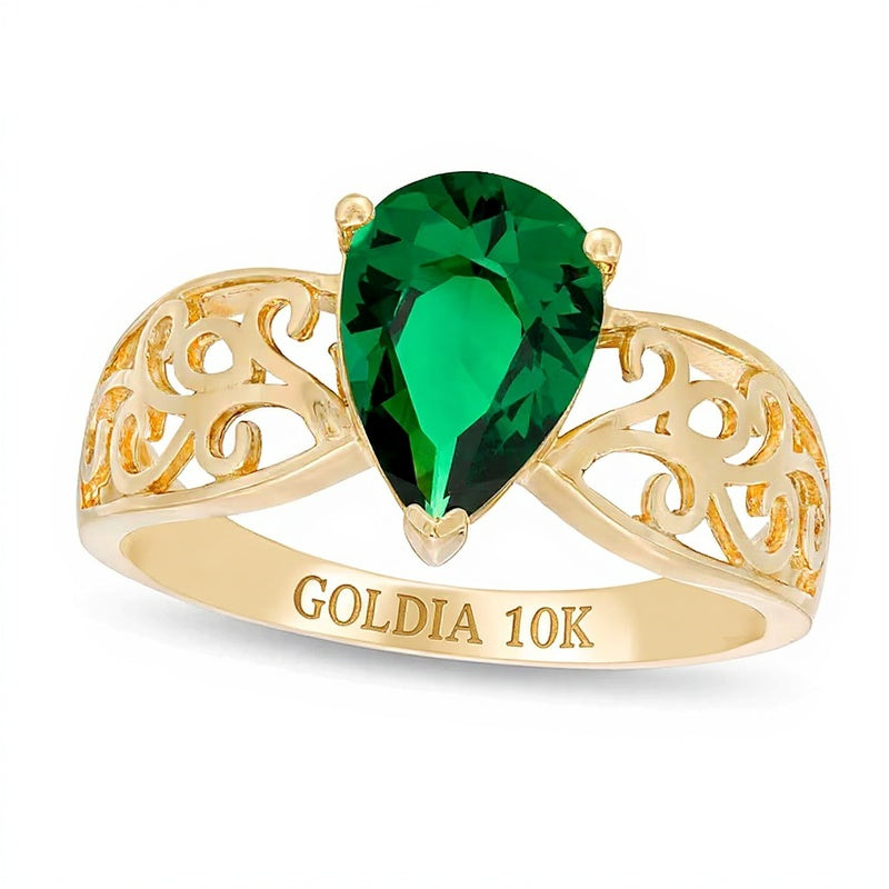Pear-Shaped Lab-Created Emerald Wide Filigree Ring in 10K Gold