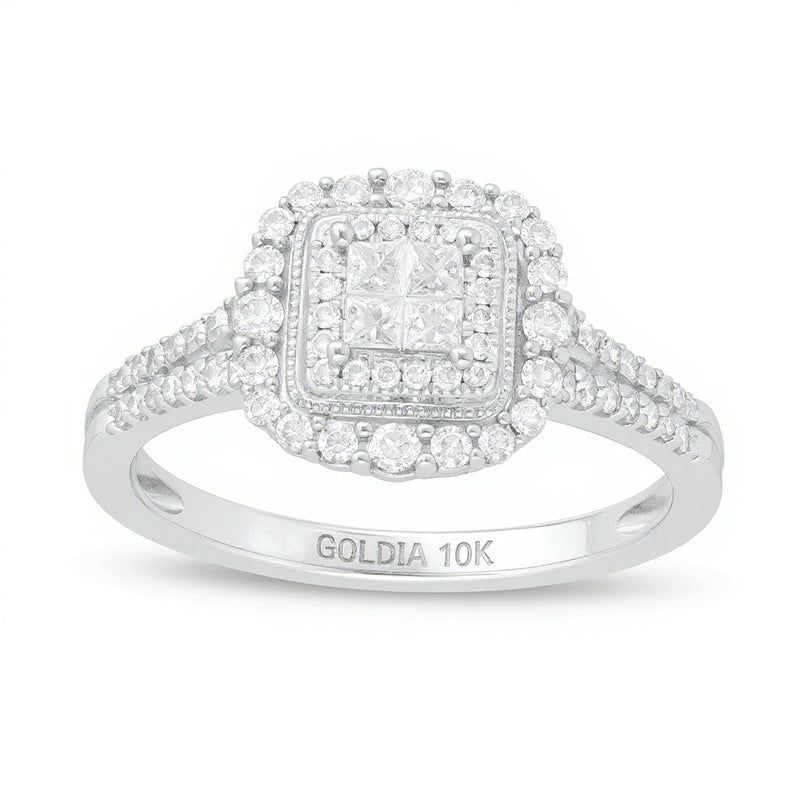 0.5 CT. TW Princess-Cut Quad Diamond Square Frame Vintage-Style Engagement Ring in 10K White Gold
