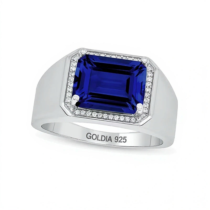 Sideways Emerald-Cut Blue Lab-Created Sapphire and 0.1 CT. TW Diamond Frame Ring in Sterling Silver