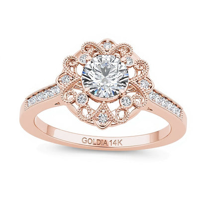 0.63 CT. TW Diamond Flower Frame Vintage-Style Engagement Ring in 14K Rose Gold