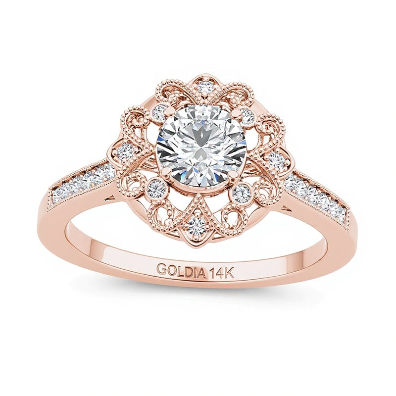 0.63 CT. TW Diamond Flower Frame Vintage-Style Engagement Ring in 14K Rose Gold