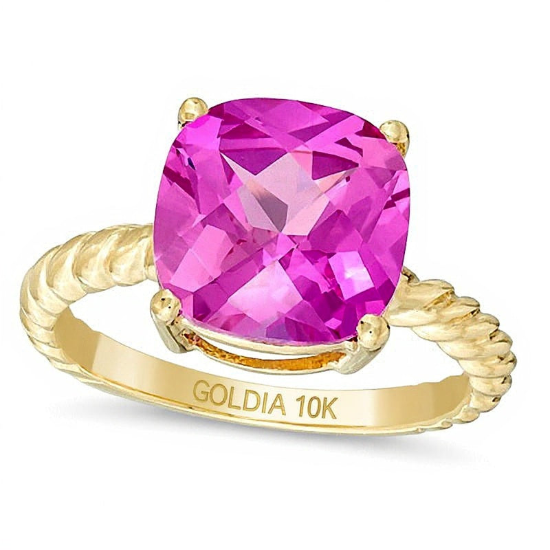 10.0mm Cushion-Cut Lab-Created Pink Sapphire Ring in 10K Gold