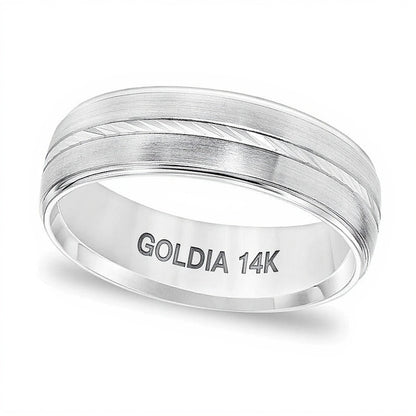 6.0mm Comfort-Fit Swiss-Cut Etched Center Brushed Wedding Band in 14K White Gold