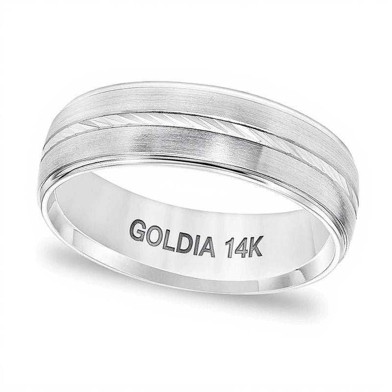 6.0mm Comfort-Fit Swiss-Cut Etched Center Brushed Wedding Band in 14K White Gold