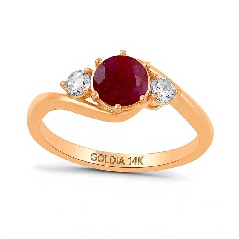 6.0mm Ruby and 0.2 CT. TW Lab-Grown Diamond Three Stone Bypass Ring in 14K Rose Gold