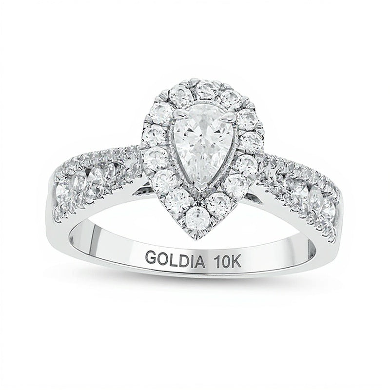 1.0 CT. TW Pear-Shaped Diamond Frame Triple Row Tapered Shank Vintage-Style Engagement Ring in 10K White Gold