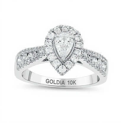 1.0 CT. TW Pear-Shaped Diamond Frame Triple Row Tapered Shank Vintage-Style Engagement Ring in 10K White Gold