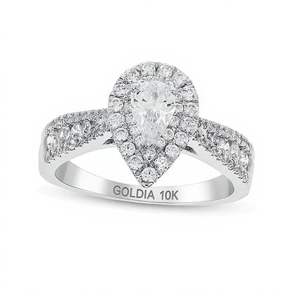 1.0 CT. TW Pear-Shaped Diamond Double Frame Triple Row Tapered Shank Engagement Ring in 10K White Gold