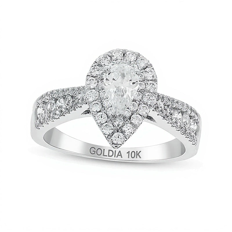 1.0 CT. TW Pear-Shaped Diamond Double Frame Triple Row Tapered Shank Engagement Ring in 10K White Gold