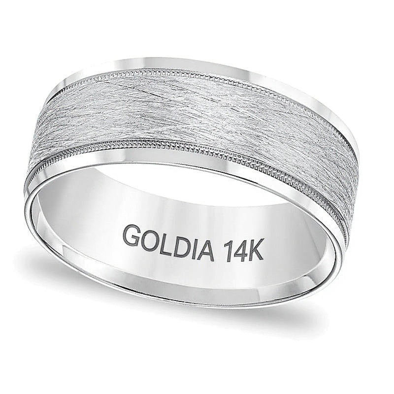 8.0mm Comfort-Fit Brushed Center Milgrain Wedding Band in 14K White Gold
