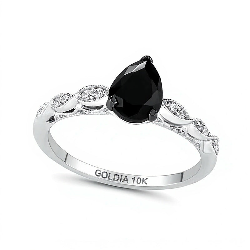 Pear-Shaped Black Sapphire and 0.1 CT. TW Diamond Vintage-Style Engagement Ring in 10K White Gold