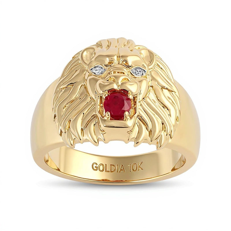 Ruby and Diamond Accent Lion's Head Ring in 10K Gold
