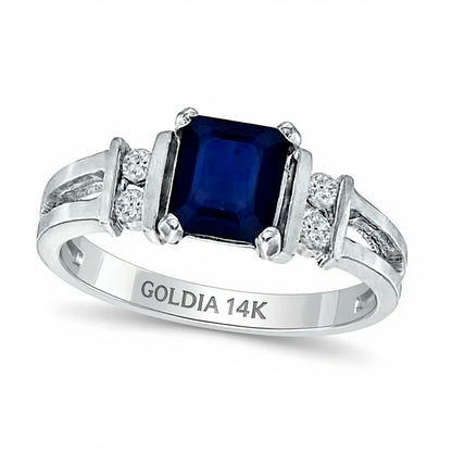 Emerald-Cut Blue Sapphire and 0.1 CT. TW Diamond Engagement Ring in 14K White Gold