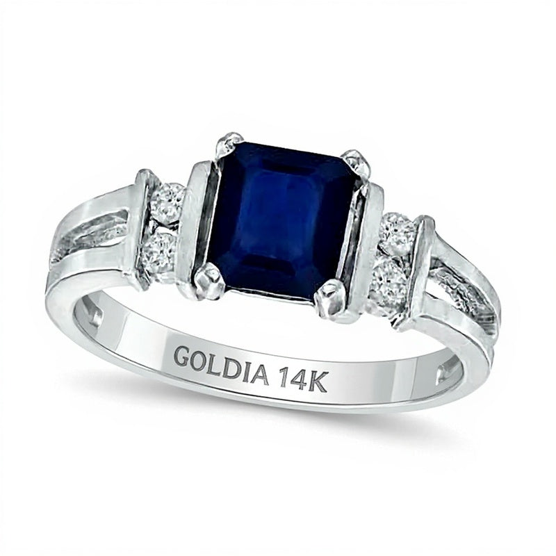 Emerald-Cut Blue Sapphire and 0.1 CT. TW Diamond Engagement Ring in 14K White Gold