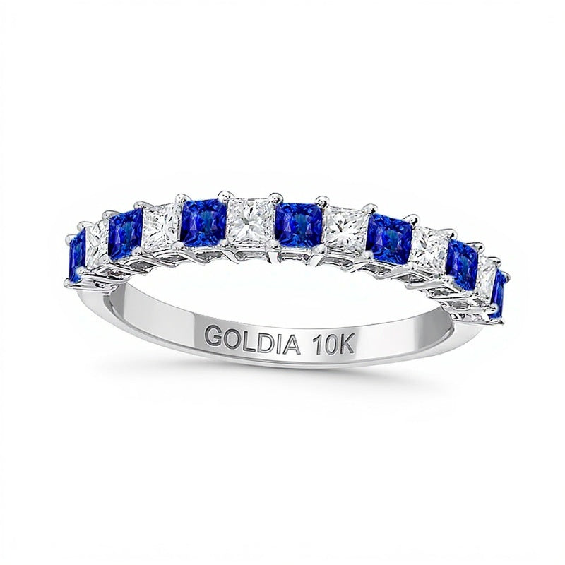 Princess-Cut Blue Sapphire and 0.38 CT. TW Princess-Cut Diamond Alternating Anniversary Band in 10K White Gold
