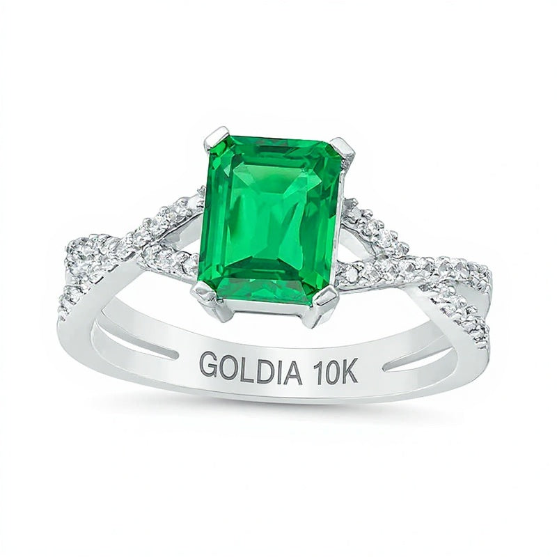 Emerald-Cut Lab-Created Emerald and 0.1 CT. TW Diamond Criss-Cross Split Shank Ring in 10K White Gold