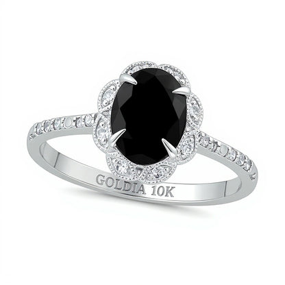 Oval Black Sapphire and 0.17 CT. TW Diamond Scallop Frame Ring in 10K White Gold