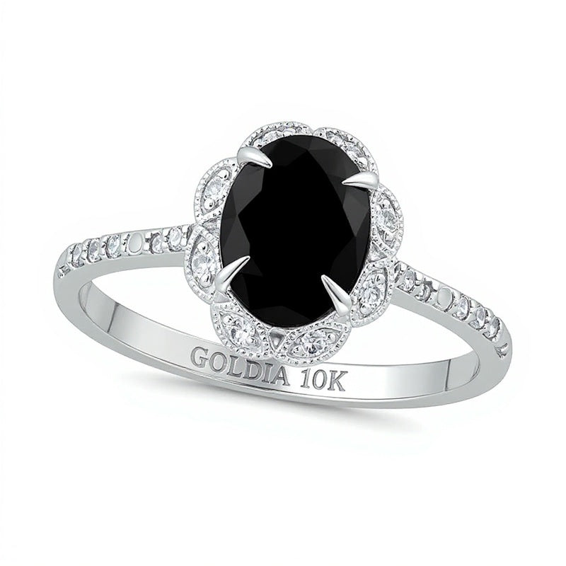 Oval Black Sapphire and 0.17 CT. TW Diamond Scallop Frame Ring in 10K White Gold