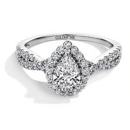 1.0 CT. TW Pear-Shaped Lab-Grown Diamond Frame Crossover Shank Engagement Ring in 14K White Gold (F/SI2)