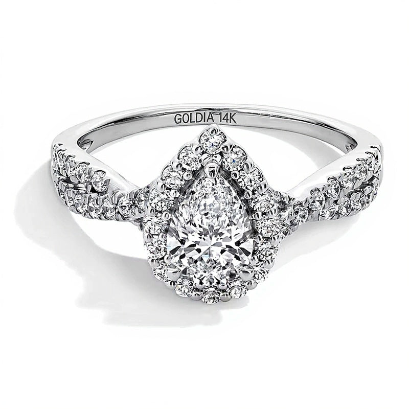 1.0 CT. TW Pear-Shaped Lab-Grown Diamond Frame Crossover Shank Engagement Ring in 14K White Gold (F/SI2)