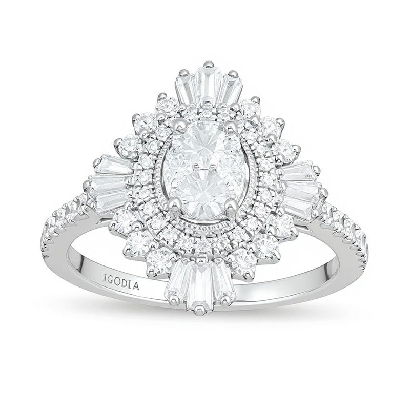 1.25 CT. TW Composite Diamond Oval Starburst Frame Ring in 14K White Gold
