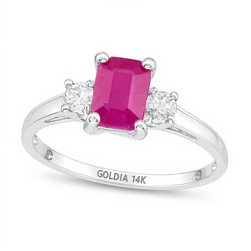 Emerald-Cut Ruby and 0.2 CT. TW Diamond Three Stone Ring in 14K White Gold