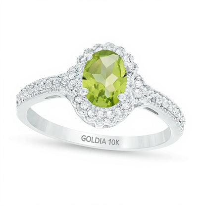 Oval Peridot and 0.13 CT. TW Diamond Frame Vintage-Style Ring in 10K White Gold