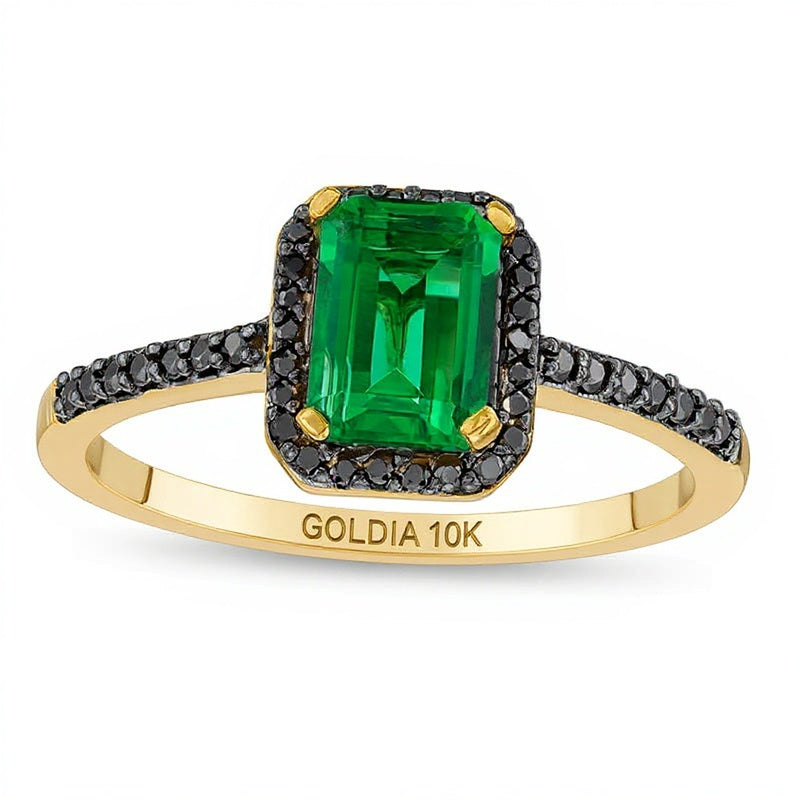 Emerald-Cut Lab-Created Emerald and 0.13 CT. TW Black Diamond Frame Ring in 10K Gold