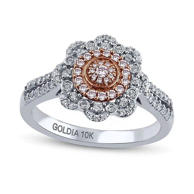 0.5 CT. TW Pink and White Multi-Diamond Scallop Frame Ring in 10K Two-Tone Gold