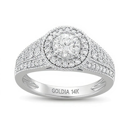 1.0 CT. TW Diamond Frame Side Accent Duo Split Shank Engagement Ring in 14K White Gold (I/I2)