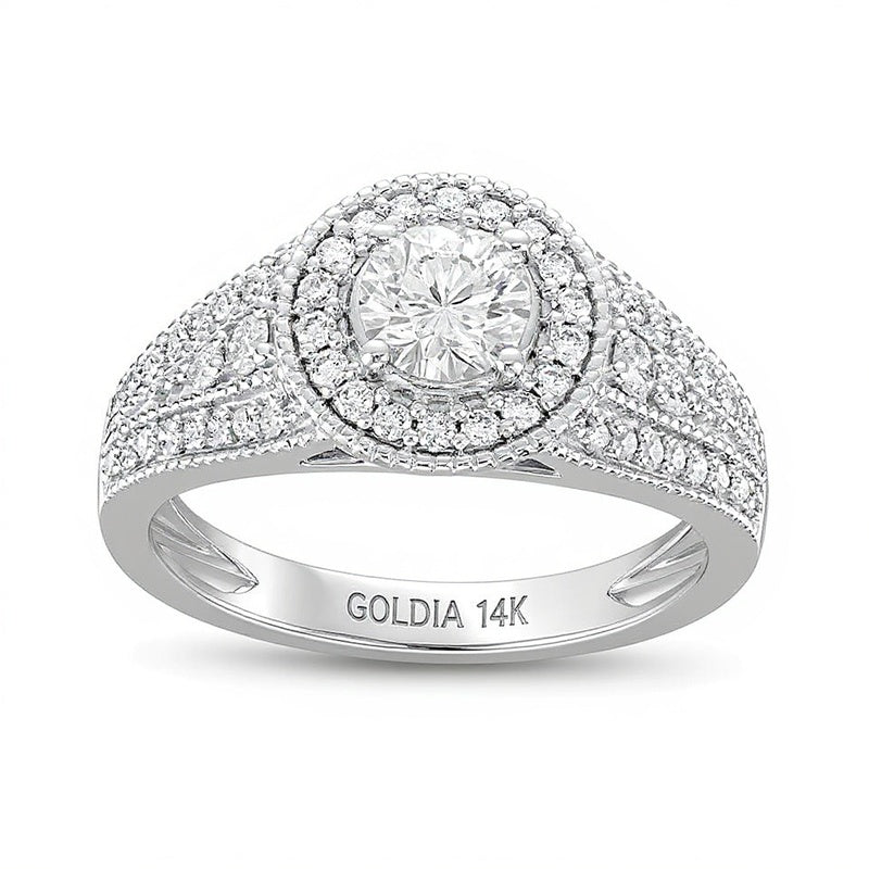 1.0 CT. TW Diamond Frame Side Accent Duo Split Shank Engagement Ring in 14K White Gold (I/I2)