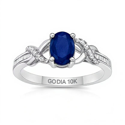 Oval Blue Sapphire and 0.17 CT. TW Diamond Crossover Split Shank Ring in 10K White Gold