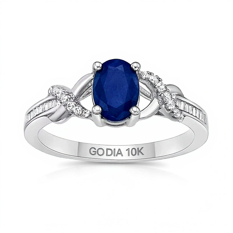 Oval Blue Sapphire and 0.17 CT. TW Diamond Crossover Split Shank Ring in 10K White Gold