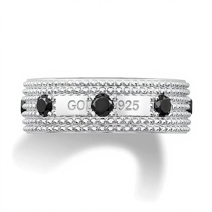 Black Spinel Station Beaded Multi-Row Band in Sterling Silver