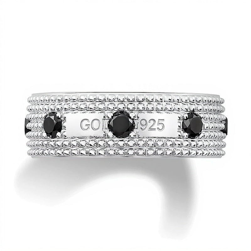 Black Spinel Station Beaded Multi-Row Band in Sterling Silver