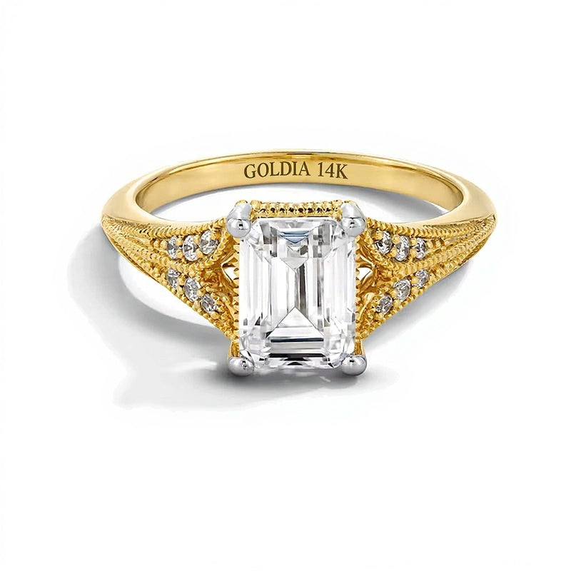2.17 CT. TW Emerald-Cut Lab-Grown Diamond Split Shank Vintage-Style Engagement Ring in 14K Gold (F/VS2)