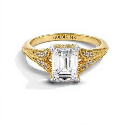 2.17 CT. TW Emerald-Cut Lab-Grown Diamond Split Shank Vintage-Style Engagement Ring in 14K Gold (F/VS2)