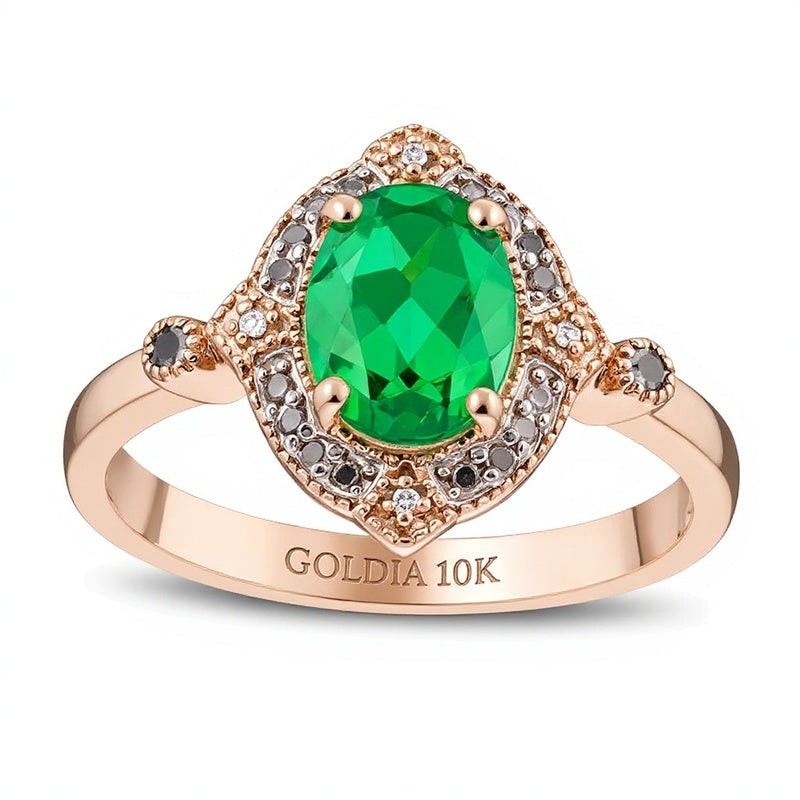 Oval Lab-Created Emerald and 0.07 CT. TW Enhanced Black and White Diamond Vintage-Style Ring in 10K Rose Gold