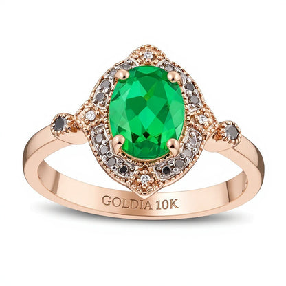 Oval Lab-Created Emerald and 0.07 CT. TW Enhanced Black and White Diamond Vintage-Style Ring in 10K Rose Gold