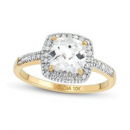 7.0mm Checkerboard Cushion-Shaped White Lab-Created Sapphire and 0.2 CT. TW Diamond Frame PavÃ© Ring in 10K Gold
