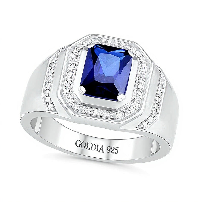 Emerald-Cut Blue Lab-Created Sapphire and 0.1 CT. TW Diamond Octagonal Frame Collar Ring in Sterling Silver