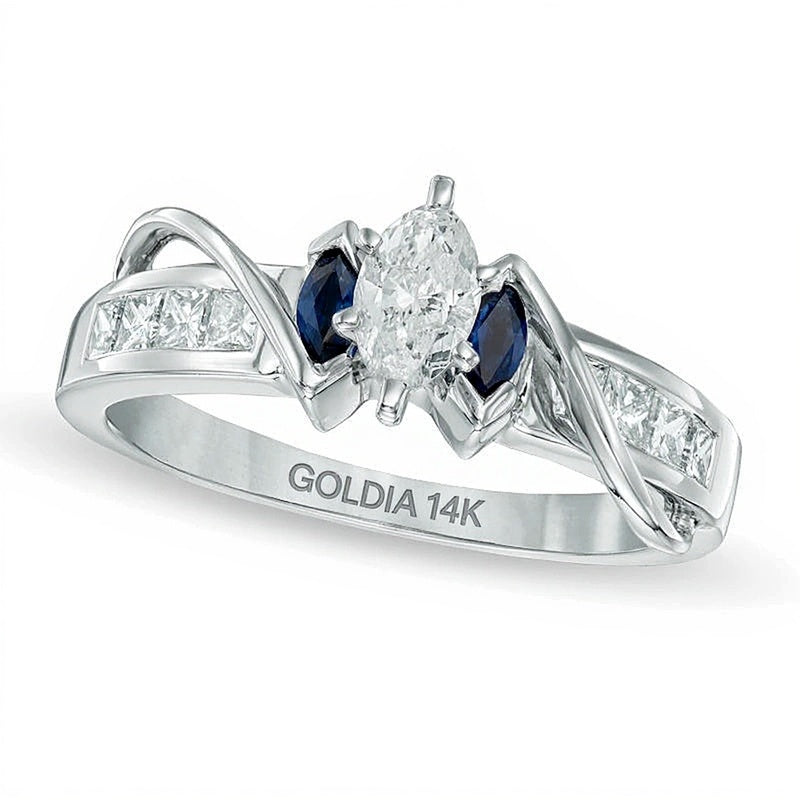 0.63 CT. TW Marquise Diamond and Blue Sapphire Three Stone Ring in 14K White Gold