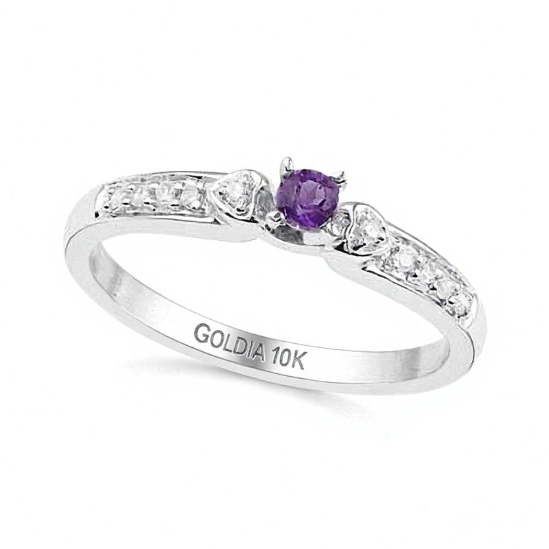 Amethyst and Diamond Accent Heart Sides Promise Ring in 10K White Gold