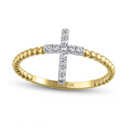 0.1 CT. TW Diamond Cross Bead Shank Ring in 10K Gold