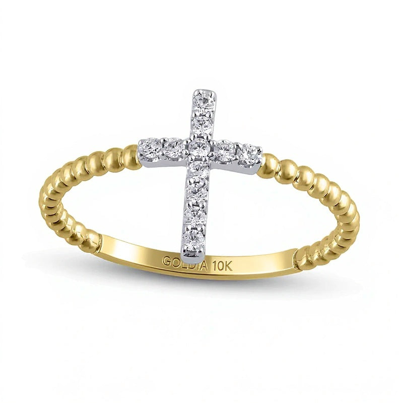 0.1 CT. TW Diamond Cross Bead Shank Ring in 10K Gold
