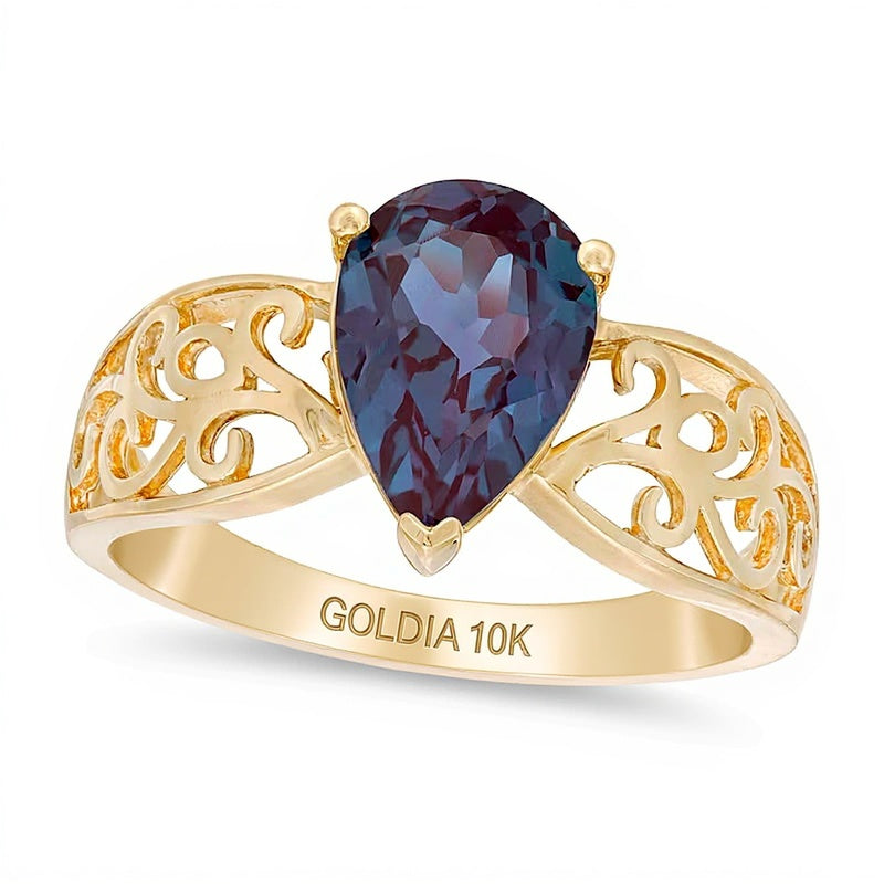 Pear-Shaped Lab-Created Alexandrite Wide Filigree Ring in 10K Gold