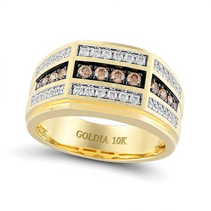 0.75 CT. TW Champagne and White Diamond Triple Row Angled Ring in 10K Gold